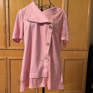 Pink Pull-over Top with Wooden Buttons and Lace Detail